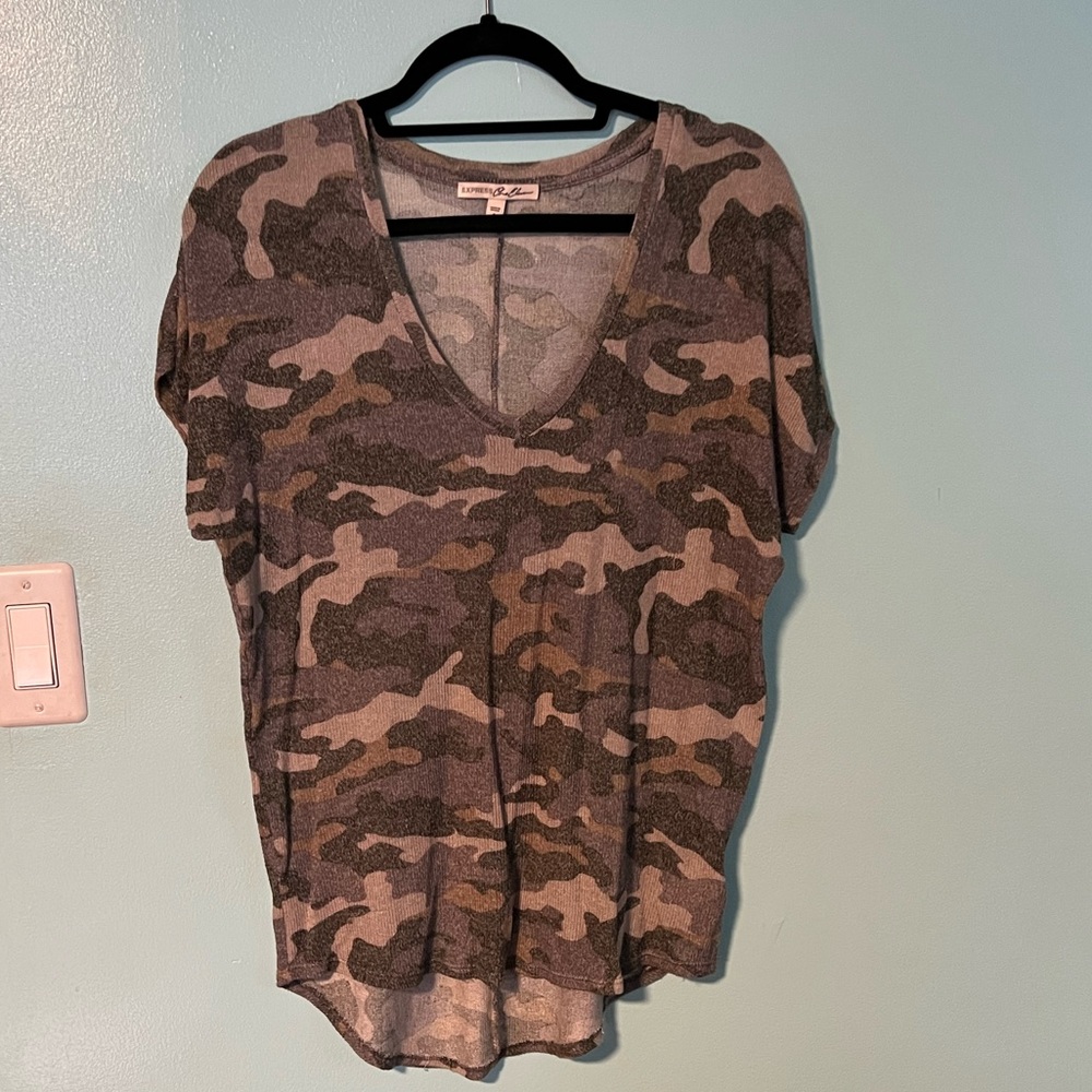 Express Camo Drop Sleeve Short Sleeve Knit Top XS